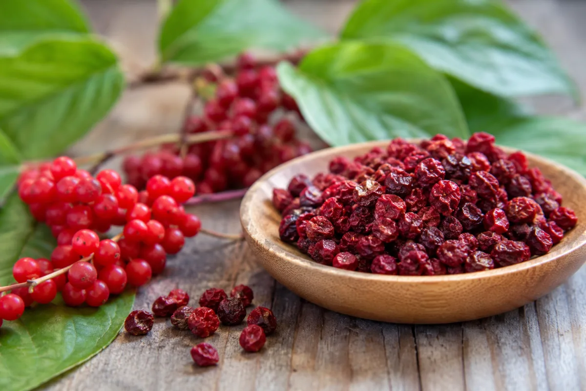 Gros plan sur des baies de schisandra séchées d'un rouge profond posées dans une cuillère