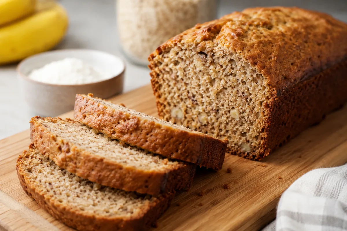 Gros plan sur la mie alvéolée et moelleuse d'une tranche de banana bread aux pépites