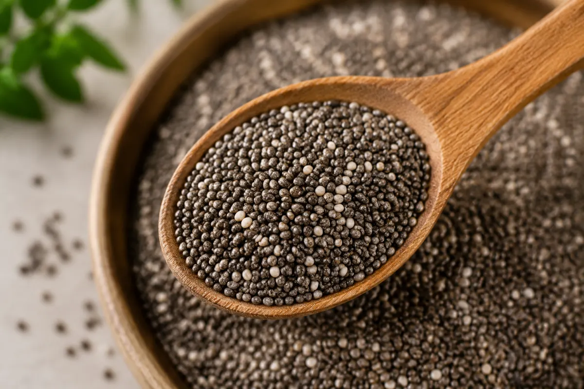 Gros plan sur la texture geluse de graines de chia hydratees dans un pot transparent