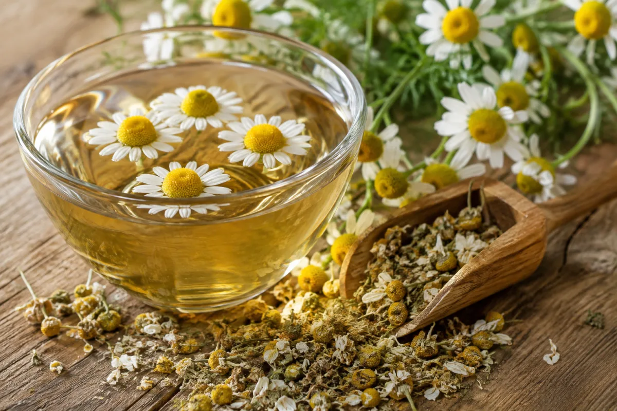 Gros plan sur des fleurs séchées de camomille matricaire prêtes pour une infusion