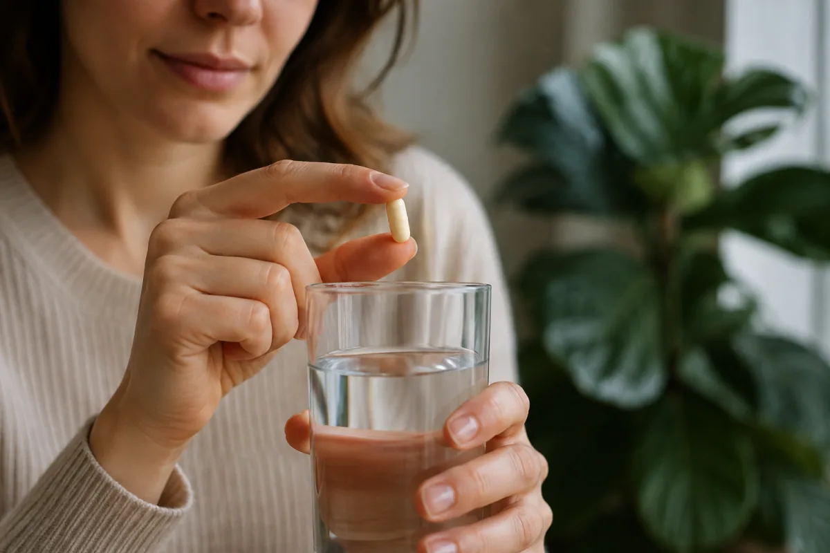 Gros plan sur un verre d'eau posé à côté de compléments alimentaires sur une table
