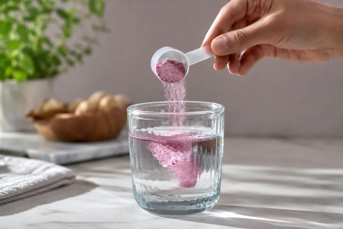 Gros plan sur de la poudre fine de complément alimentaire versée dans une cuillère mécanique